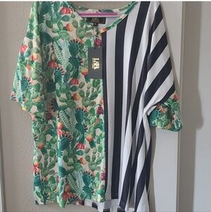 L&B Green Multicolor Cactus Print & Black White Striped Short Sleeve Tee